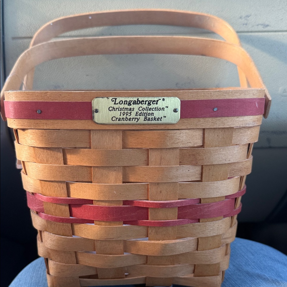 Longaberger Natural Wood Basket with Cranberry Red Bands